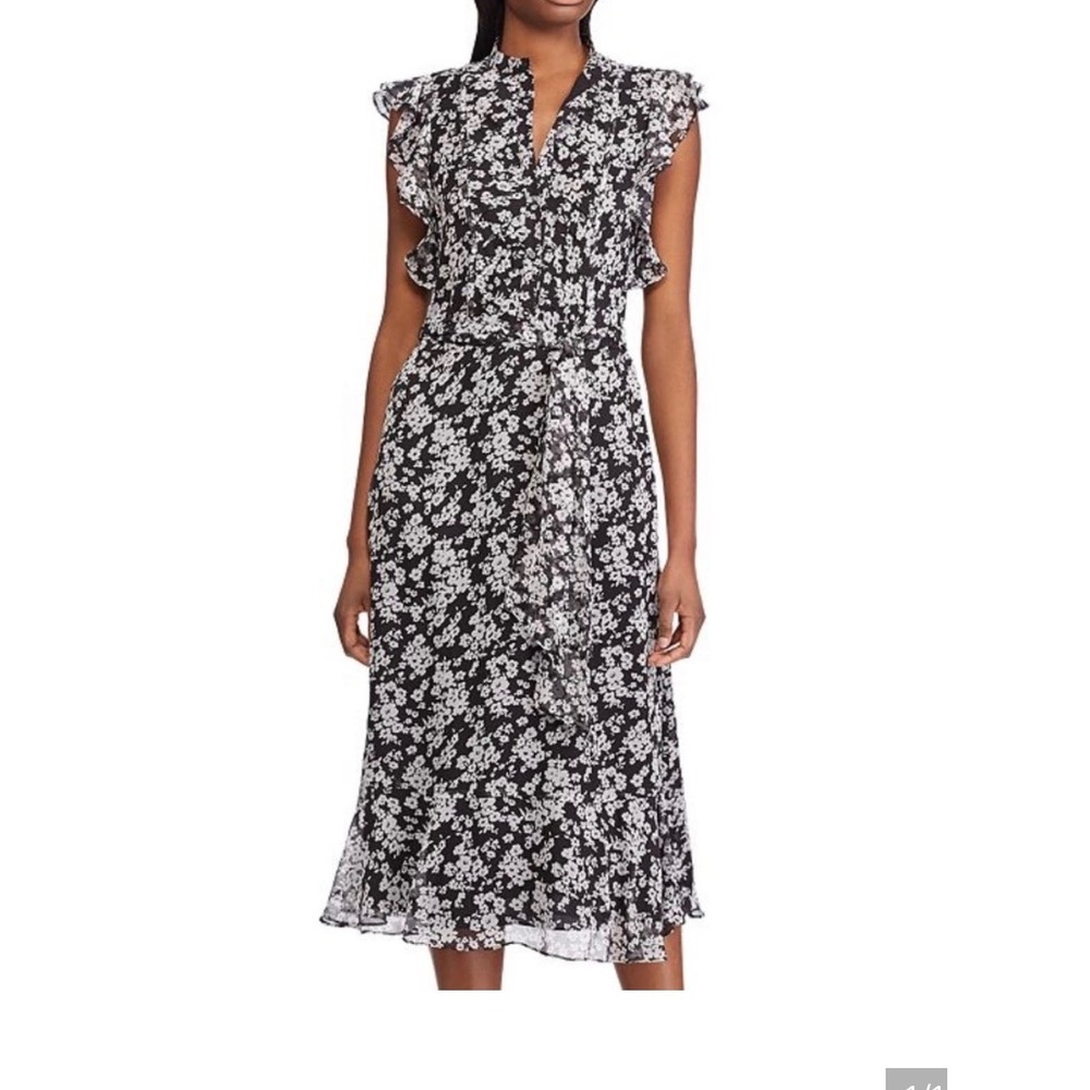 Lauren Ralph Lauren Midi Dress 14 Black Floral New Ruffle Tiered Chiffon Belted